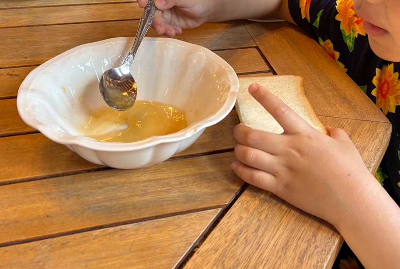 採れたてのハチミツをパンに塗って試食